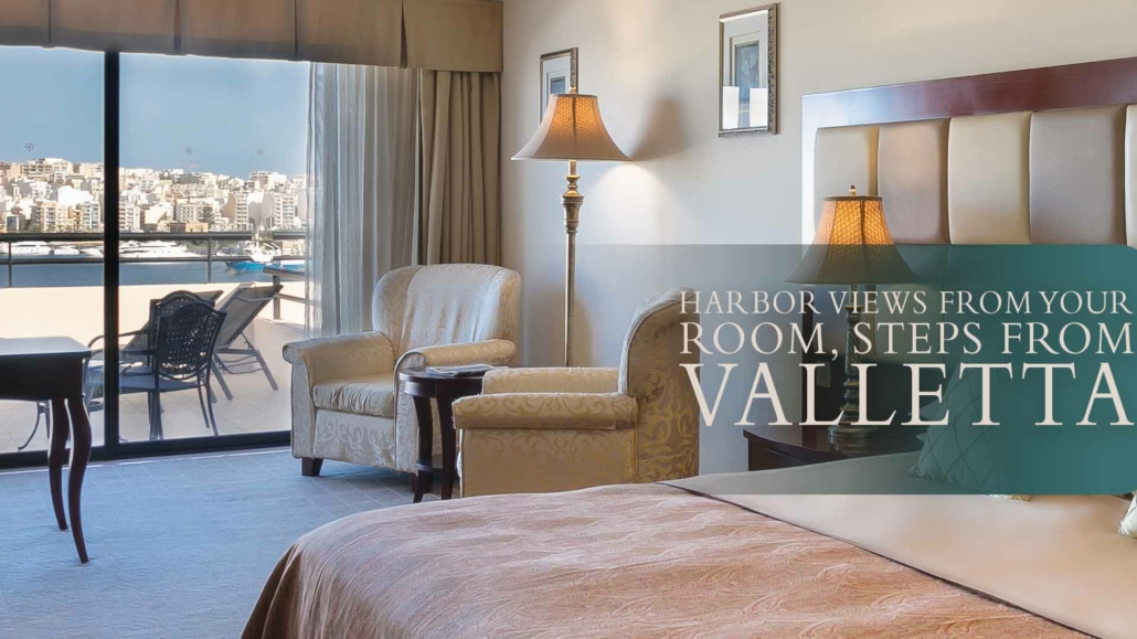 Elegant hotel room at Grand Hotel Excelsior Malta with balcony and harbor view, located near Valletta.